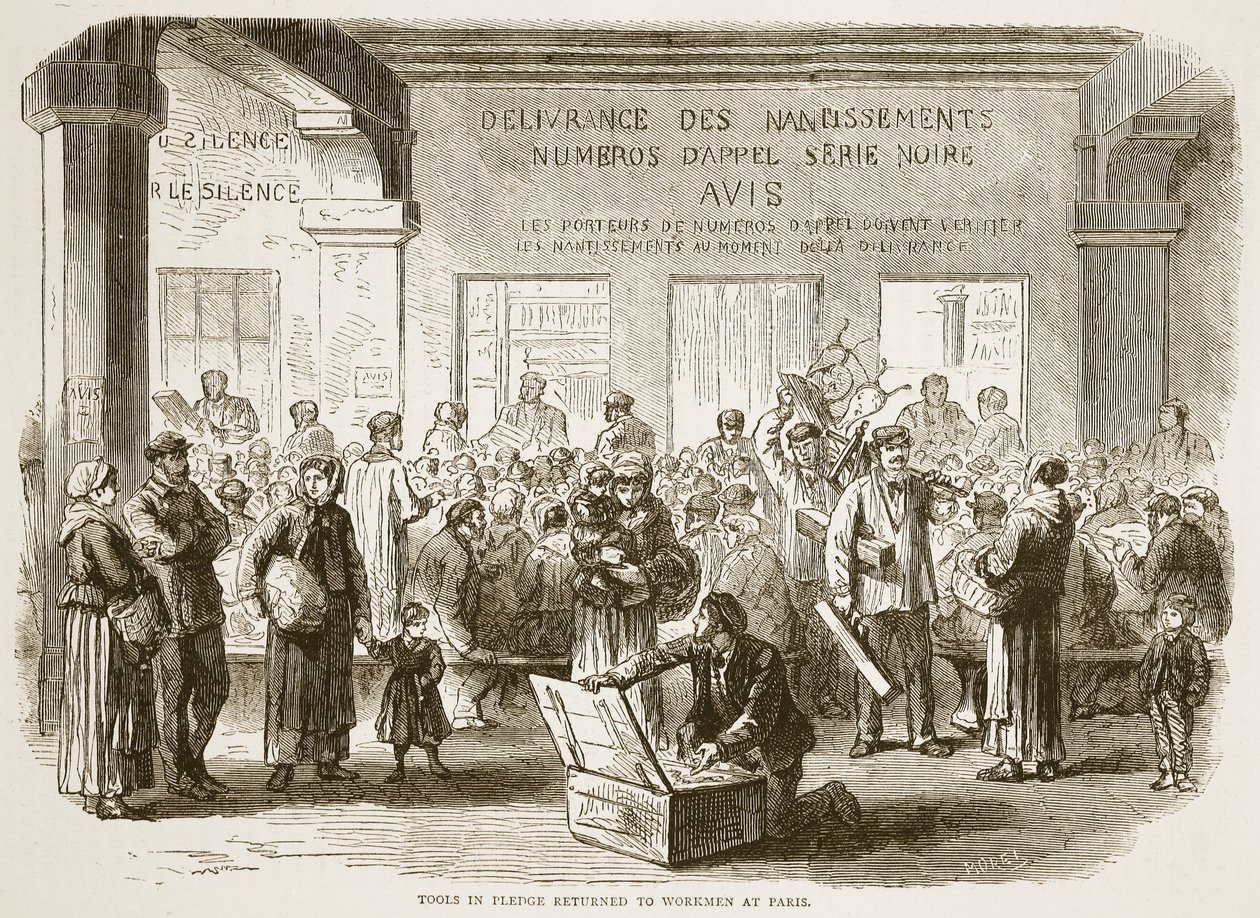 Værktøj i pant returneret til arbejdere i Paris, illustration fra Cassells historie om krigen mellem Frankrig og Tyskland, 1870-1871 af French School