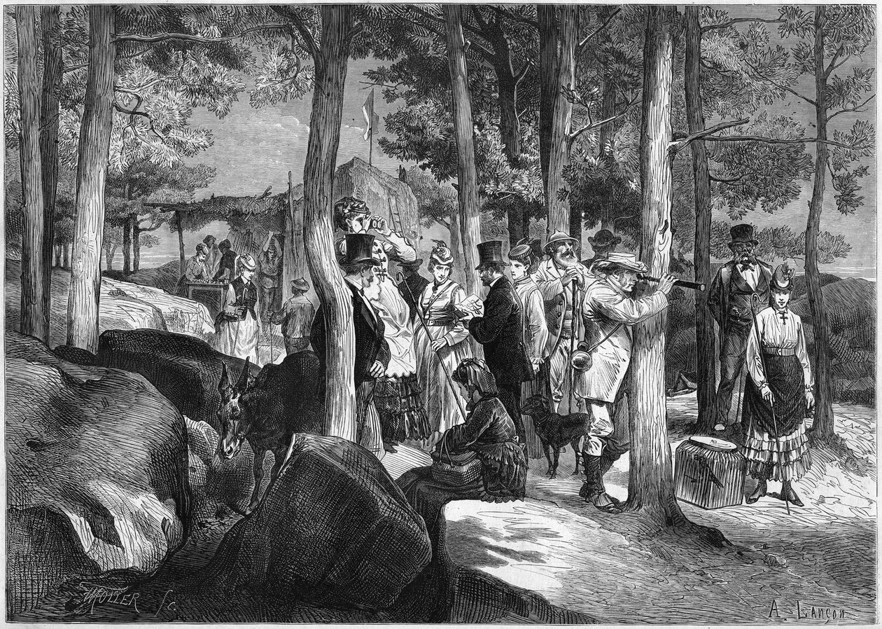 Turister ved kløfterne i Apremont, nær hulens indgang, i skoven i Fontainebleau af French School