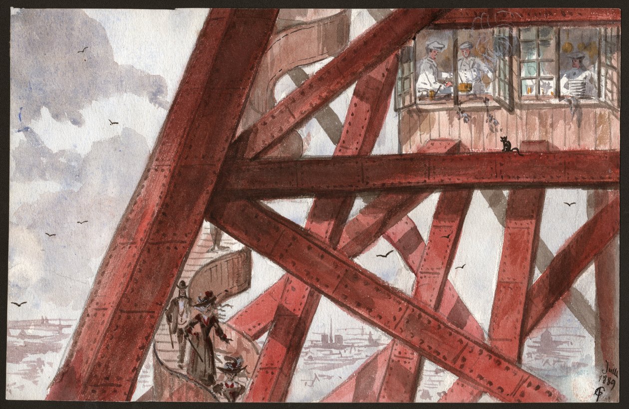Turister på Eiffeltårnet. (illustration af French School
