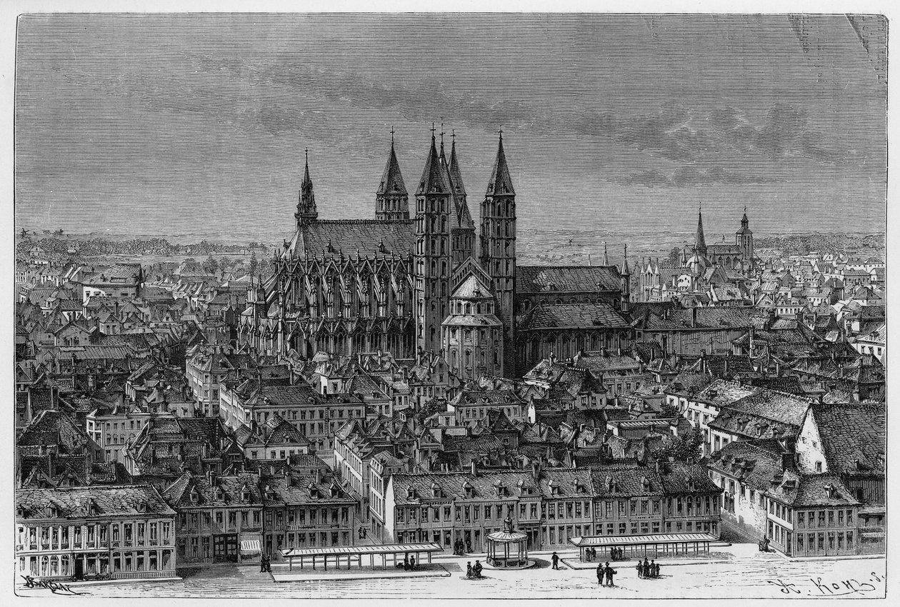 Tournai: udvendig udsigt over Notre-Dame (Notre Dame) og panorama af byen. Gravering af Barclay, til illustration af historien "" Belgien" ", af Camille Lemonnier (1844-1913) belgisk forfatter. Udgivet i Le Tour du monde, nouveau journal des voyages, 2. se af French School