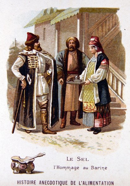 Traditionelt russisk tilbud af brød og salt til en besøgende (farve litho) af French School