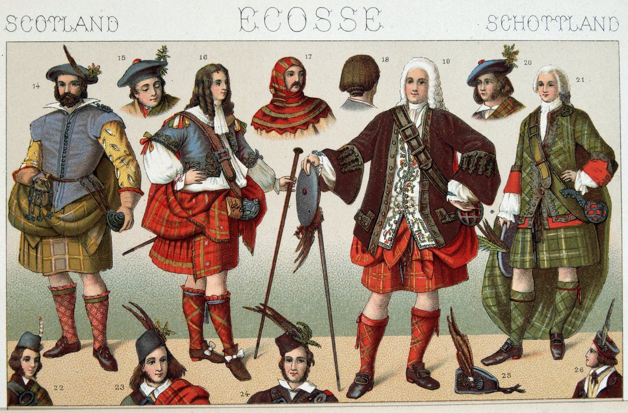 Traditionelle skotske kostumer - i "" Le costume historique"" af Racinet af French School