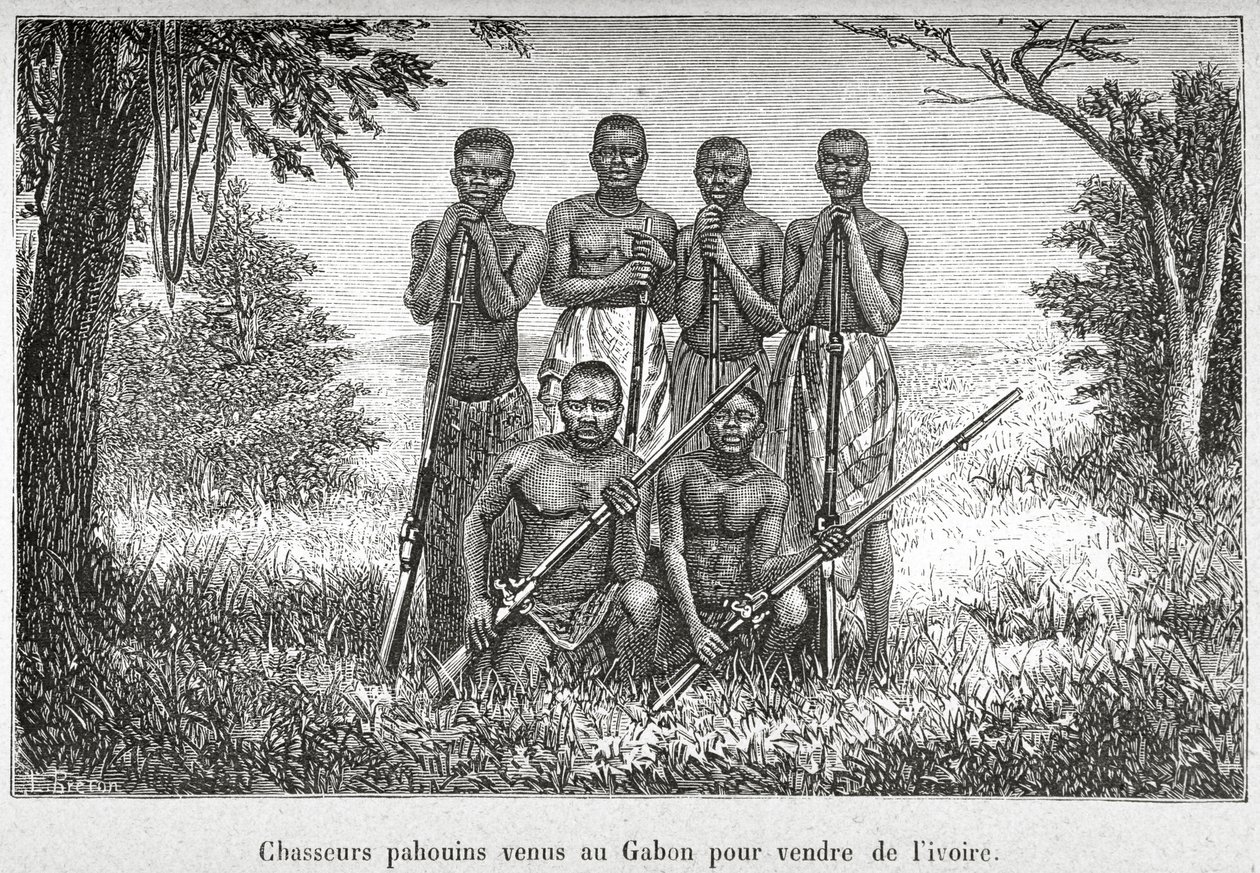 Traditionelt kostume af det oprindelige folk i Gabon, illustration fra 