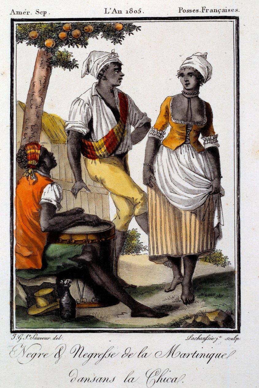Traditionel dans: Martiniques indbyggere danser chica. Stik fra 1805. Chartres, Museum of Fine Arts af French School
