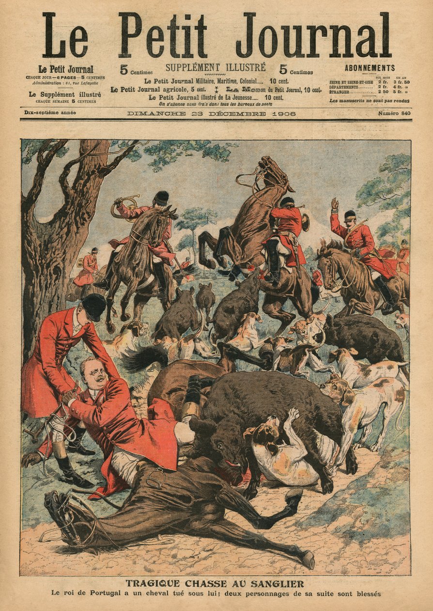 Tragisk ornejagt, hesten af Carlos I, konge af Portugal, bliver dræbt under ham, forsideillustration fra 