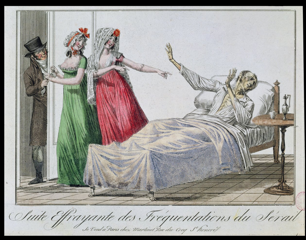 Tragisk konsekvens af at besøge bordeller, karikatur af en syfilitiker, ca. 1800 (farvestik) af French School