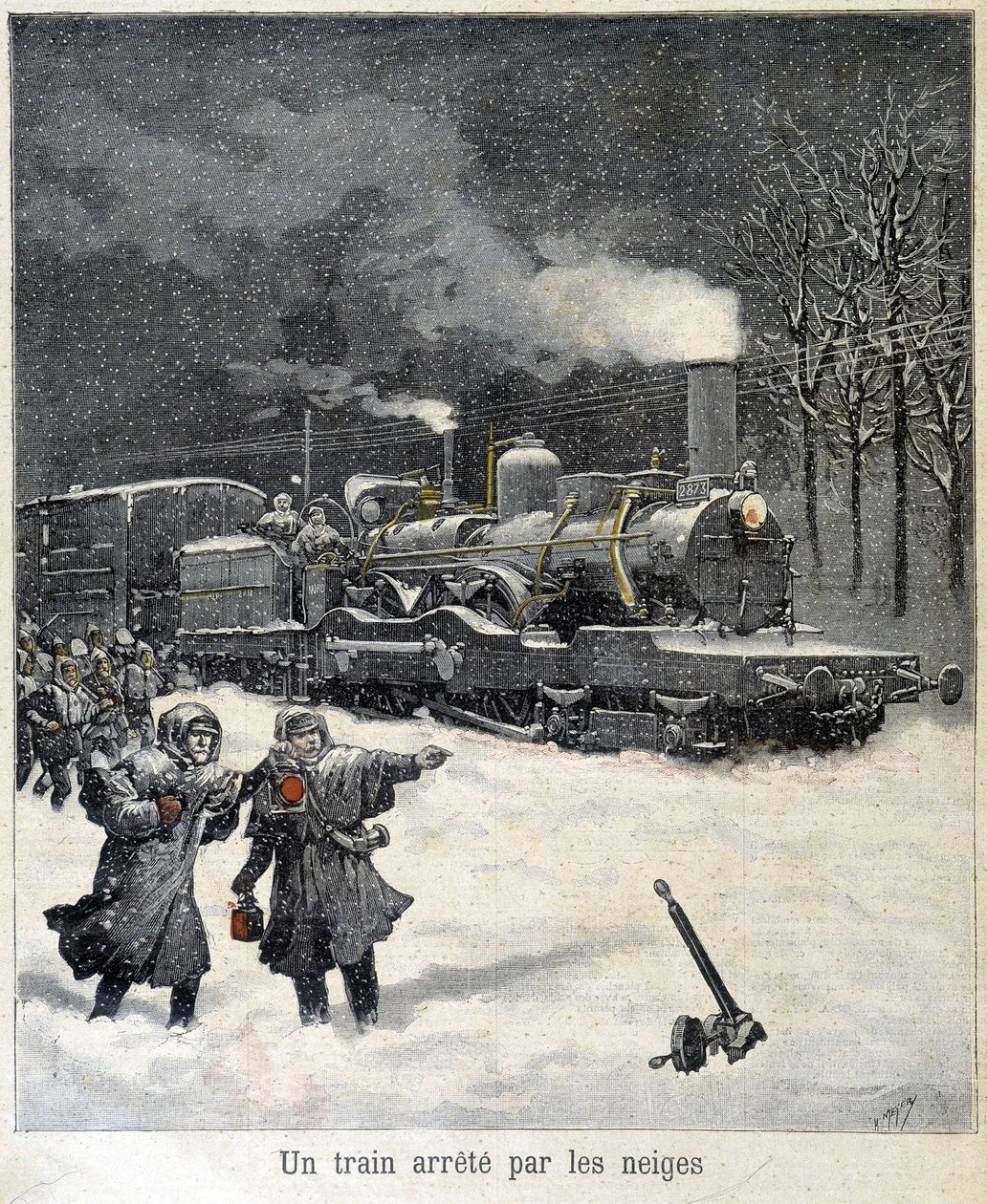 Tog tvunget til at standse af sne. Illustration af avisen "" Le Petit Parisien"" fra marts 1892. af French School