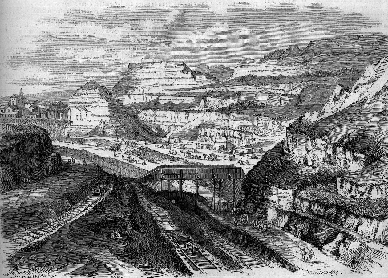 Transformationer af Paris under det andet imperium, Haussmannske Paris: transformation til en park af Buttes-Chaumont gipsbrud (Buttes Chaumont). Indgravering i ""Le Monde Illustre"" nr. 306 af 21. februar 1863. af French School