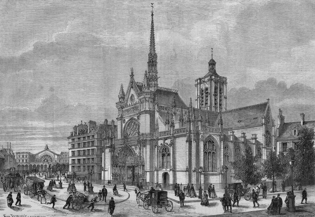 Transformationer af Paris under det andet imperium, Haussmann-Paris: udsigt over den nye neogotiske facade af Saint Laurent-kirken, boulevard de Strasbourg, restaureret af arkitekten Simon Claude Constant Dufeux (Constant-Dufeux) (1801-1870) af French School