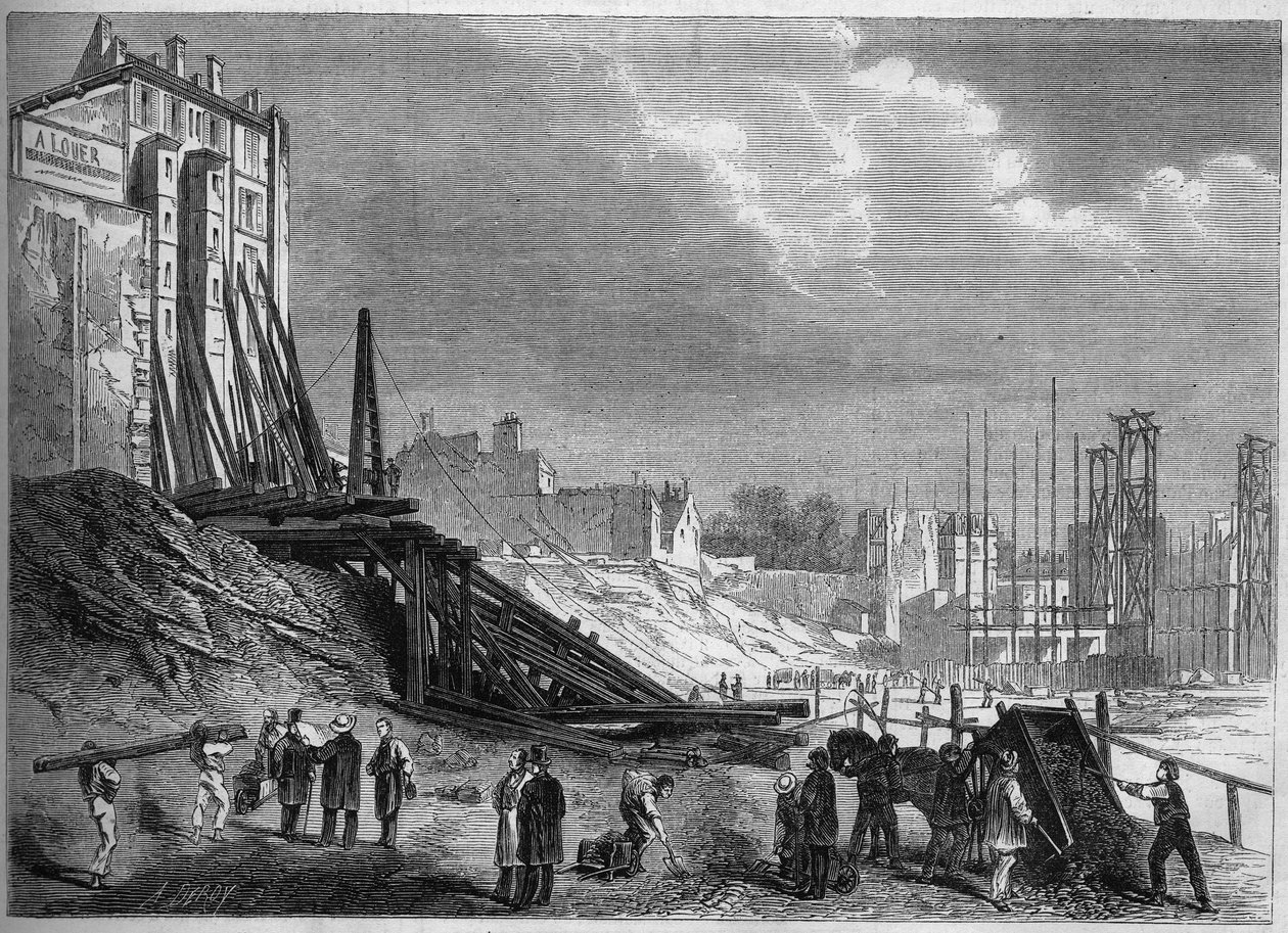 Transformationer af Paris under det andet imperium, Haussmann-Paris: udsigt over nedrivningerne på stedet for Square Montholon, rue Lafayette. Indgravering i ""Le Monde Illustre"" nr. 335 af 12. september 1863. af French School