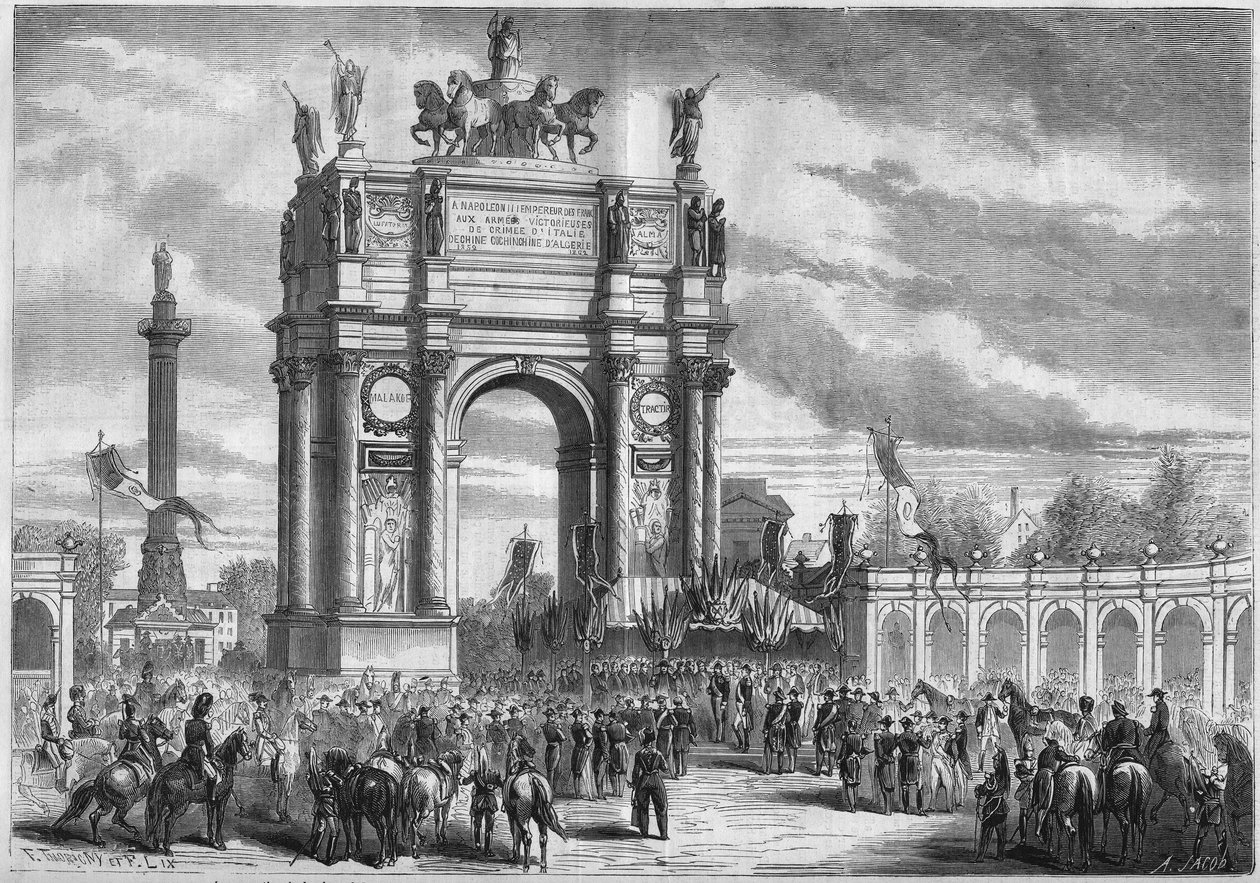Forvandlinger af Paris under det andet imperium, Haussmann Paris: triumfbuen ved indvielsen af Boulevard du Prince Eugene (i dag Boulevard Voltaire) af Napoleon III. Indgravering i "" Le Monde Illustré"" nr. 296 af 13. december 1862. af French School