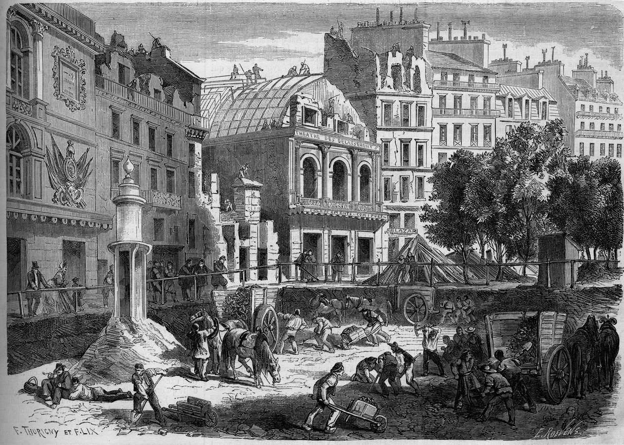 Transformationer af Paris under det andet imperium, Haussmann Paris: nedrivning af teatre i templet til gennemboring af Boulevard du Prince Eugene (i dag Boulevard Voltaire). Indgravering i "" Le Monde Illustré"" nr. 278 af 9. august af French School