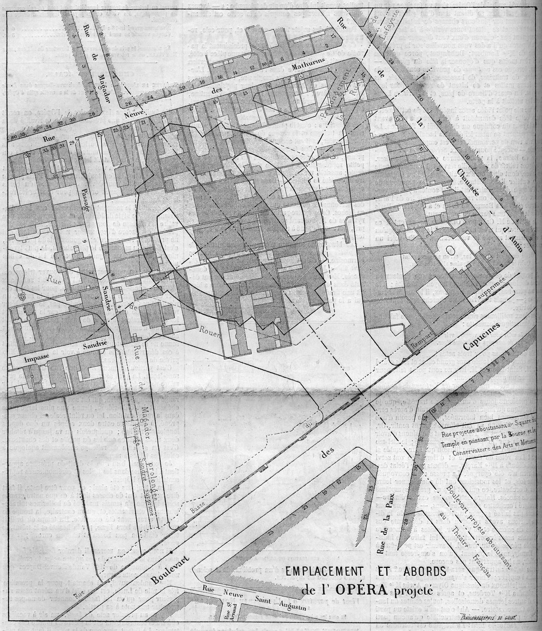 Transformationer af Paris under det andet imperium, Haussmann Paris: projekteret plan for Opera Garnier i Paris i 1860. Indgravering i "" Le Monde Illustré"" nr. 183 af 13. oktober 1860. af French School
