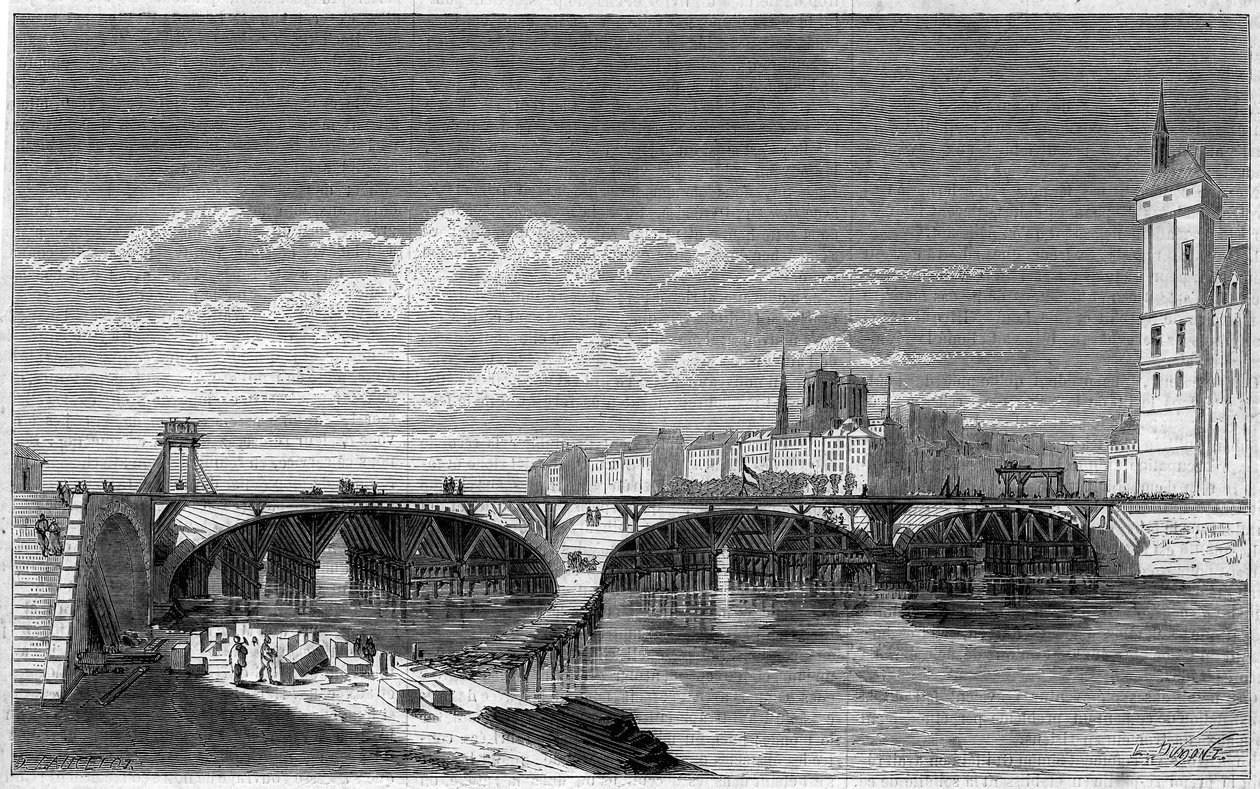 Transformationer af Paris under det andet imperium, Haussmann Paris: udsigt over Pont au Change under dens genopbygning. Indgravering i "" Le Monde Illustré"" nr. 169 af 7. juli 1860. af French School
