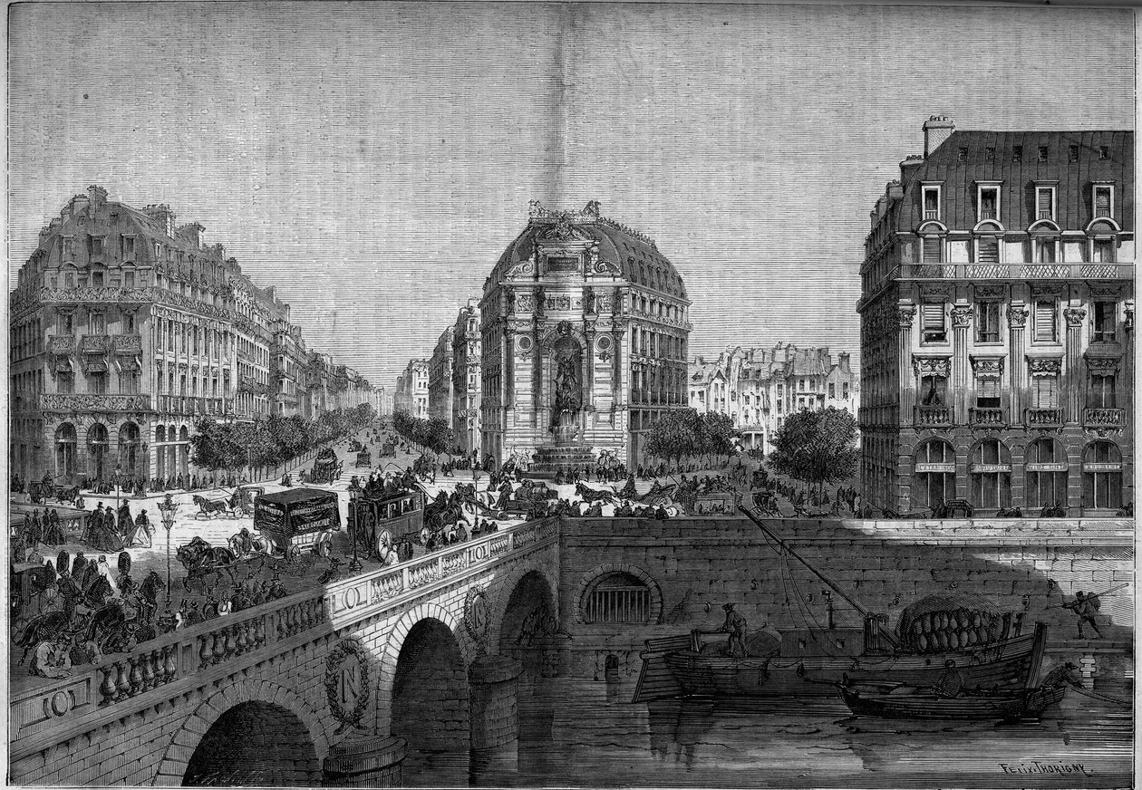 Transformationer af Paris under det andet imperium, Haussmann Paris: udsigt over fontænen Saint Michel (1860) på Boulevard de Sebastopol. Indgravering i "" Le Monde Illustré"" nr. 175 af 18. august 1860. af French School