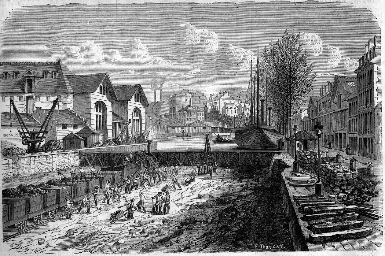 Transformationer af Paris under det andet imperium, Haussmann Paris: værker udført til sænkning af vandområdet i Canal Saint Martin. Indgravering i "" Le Monde Illustré"" nr. 143 af 7. januar 1860. af French School