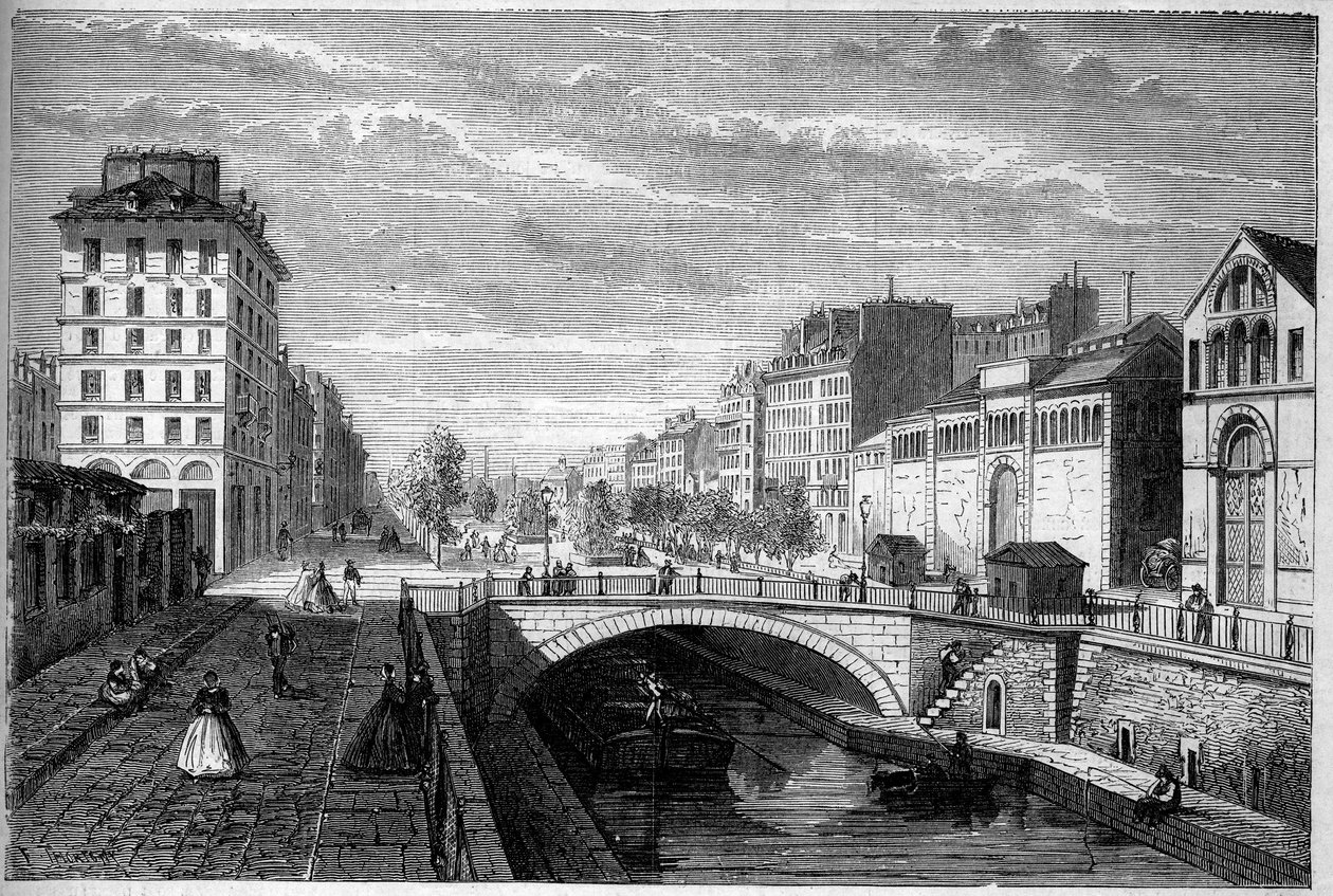 Transformationer af Paris under det andet imperium, Haussmann-Paris: udsigt over boulevarden Richard Lenoir etableret på hvælvingen af Canal Saint Martin. Indgravering i "" Le Monde Illustré"" nr. 233 af 28. september af French School