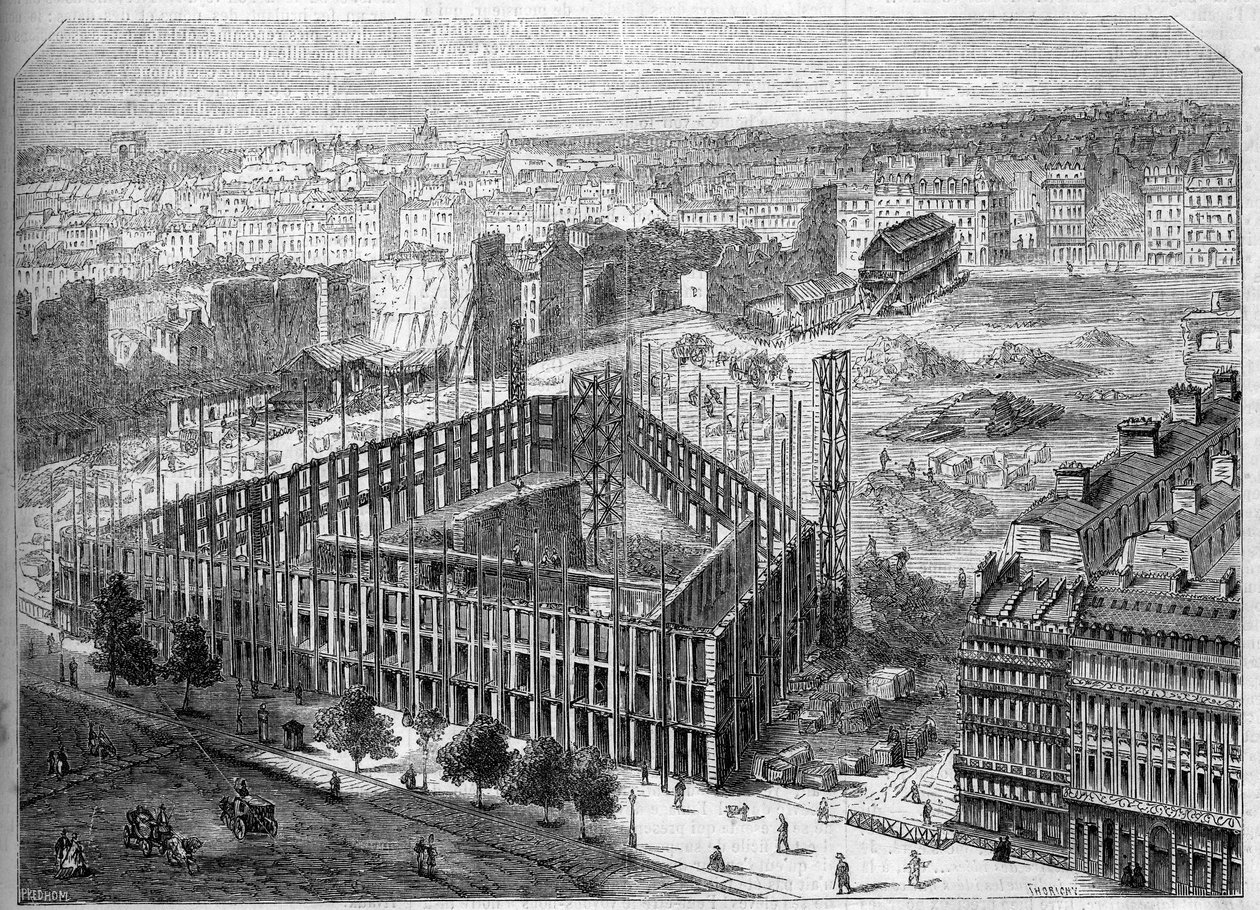 Transformationer af Paris under det andet imperium, Paris Haussmann: opførelse af Hotel de la Paix og udsigt over placeringen af den fremtidige Opera Garnier, mellem gaderne Neuve des Mathurins, Chaussee d