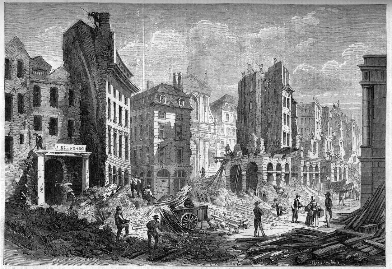Transformationer af Paris under det andet imperium, Paris Haussmann: nedrivning af Rue de la Barillerie til gennemboring af Boulevard Sebastopol. Indgravering i "" Le Monde Illustré"" nr. 126 af 10. september 1859. af French School
