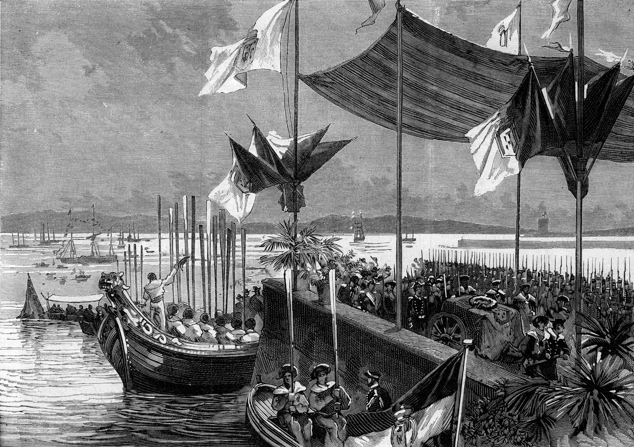 Oversættelse af asken fra Luis Vaz de Camoes og Vasco de Gama, Portugal, 9. juni 1880: gøende i havnen i Belem resterne af digteren Luis Vaz de Camoes kendt som Camoanerne (1525-1580) og navigatøren Vasco de Gama (1459-1524). Indgravering i "" L af French School