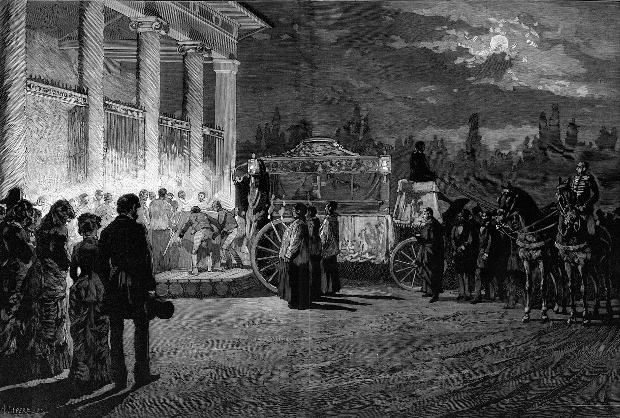 Oversættelse af asken fra pave Pius IX (1792-1878): ankomst af kortegen til St. Lawrence-kirken i Rom den 12. juli 1881. Indgravering af Pelicer i "" Le Monde Illustré"" nr. 1271 af 6. august 1881 . af French School