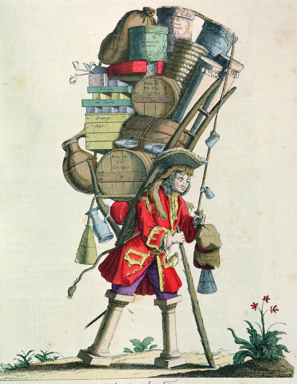 Rejsende krydderi-, spiritus- og middelsælger i 1721, fra Costumes de Paris a Travers les Siecles, udgivet 1887 (farvegravering) af French School