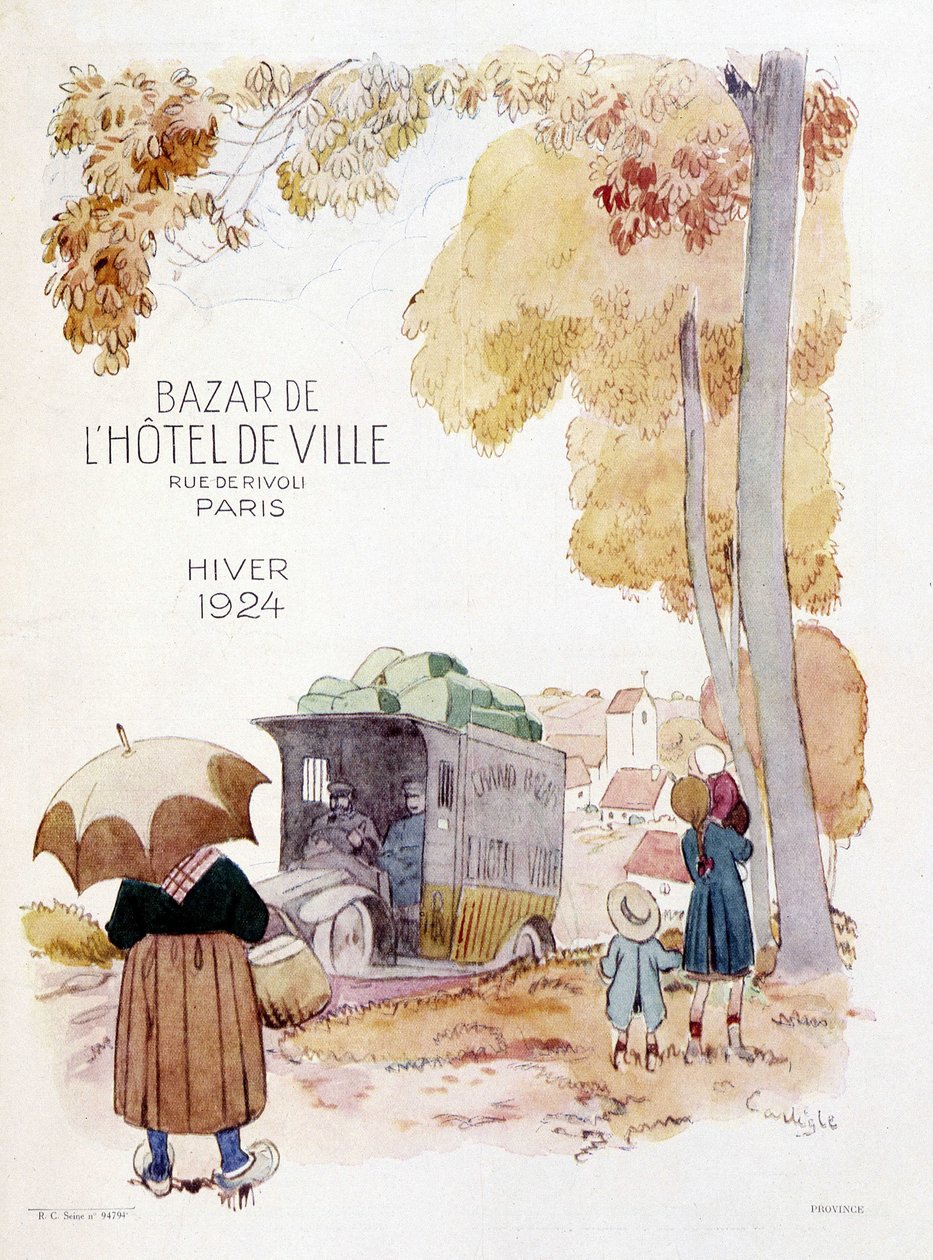 Rejsende købmænd på landet. Reklameplakat fra 1924 for Bazar de l