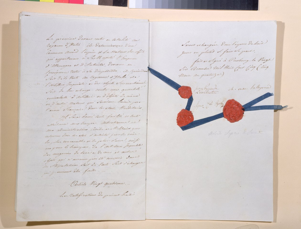 Traktat mellem Napoleon I (1769-1821) og kejser Franz II (1768-1835), underskrevet i Presburg den 26. december 1805 (pen og blæk på papir) af French School