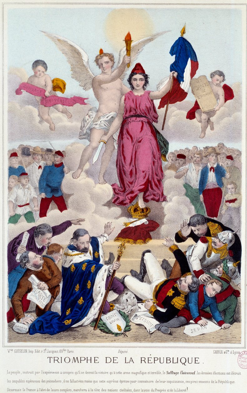 Republikkens triumf, kobberstik fra 1875. Allegori om universel valgret, der ødelægger republikkens fjender: "[...] Men Frankrig er beskyttet mod deres sammensværgelse og går i spidsen for de civiliserede nationer på fremskridtets og frihedens vej." af French School