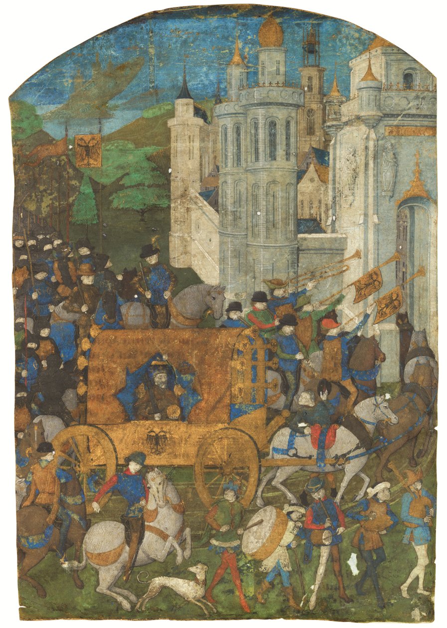 Triumftoget for den hellige romerske kejser, skåret fra et manuskript, Rouen, tredje kvartal 1400-tallet af French School