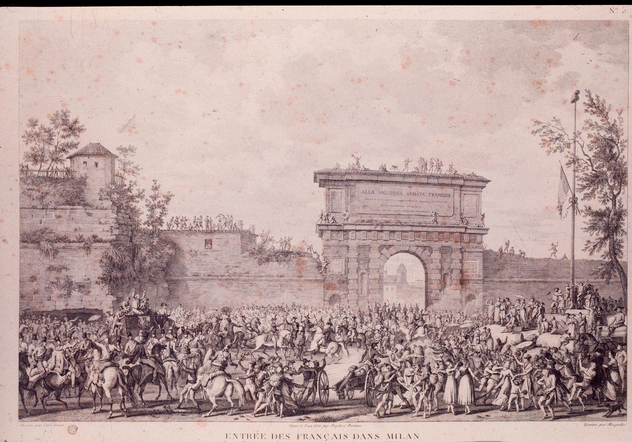 De franske tropper under Napoleon Bonaparte går triumferende ind i Milano den 15. maj. af French School