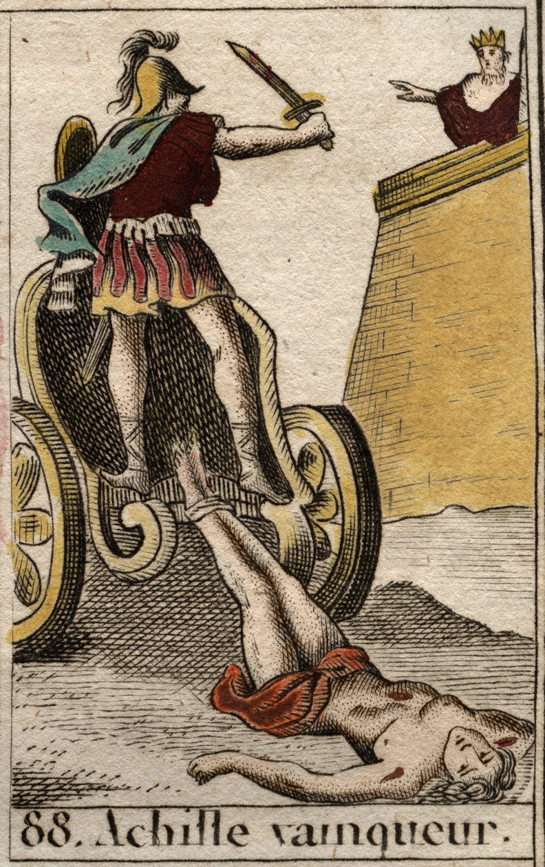 Trojansk krig: Triumferende Achilles slæber Hectors livløse krop ind foran Trojas porte. Fra "Mythology of Youth" af Pierre Blanchard 1803. af French School