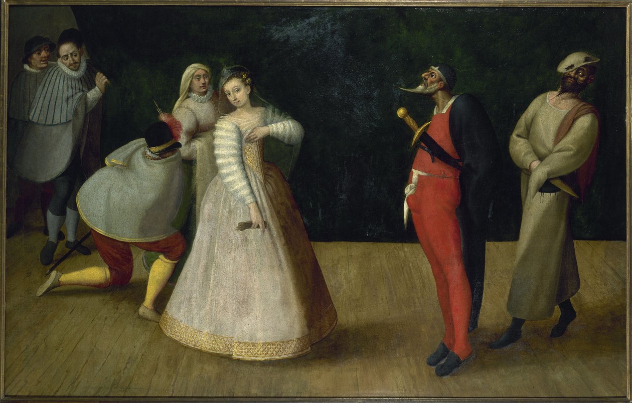 Trup af italienske komikere (Gelosi), ca. 1580 (olie) af French School
