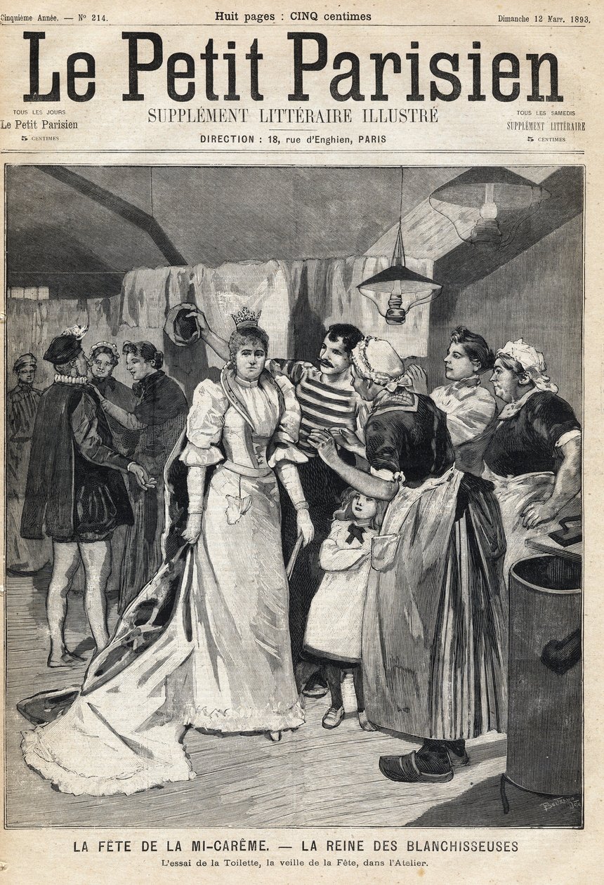 Prøv toilettet i værkstedet på tærsklen til Mi Careme Fete (Mi-Careme): dronningen af hvidere. En af avisen "Le Petit Parisien"" den 12/03/1893 (gravering) af French School