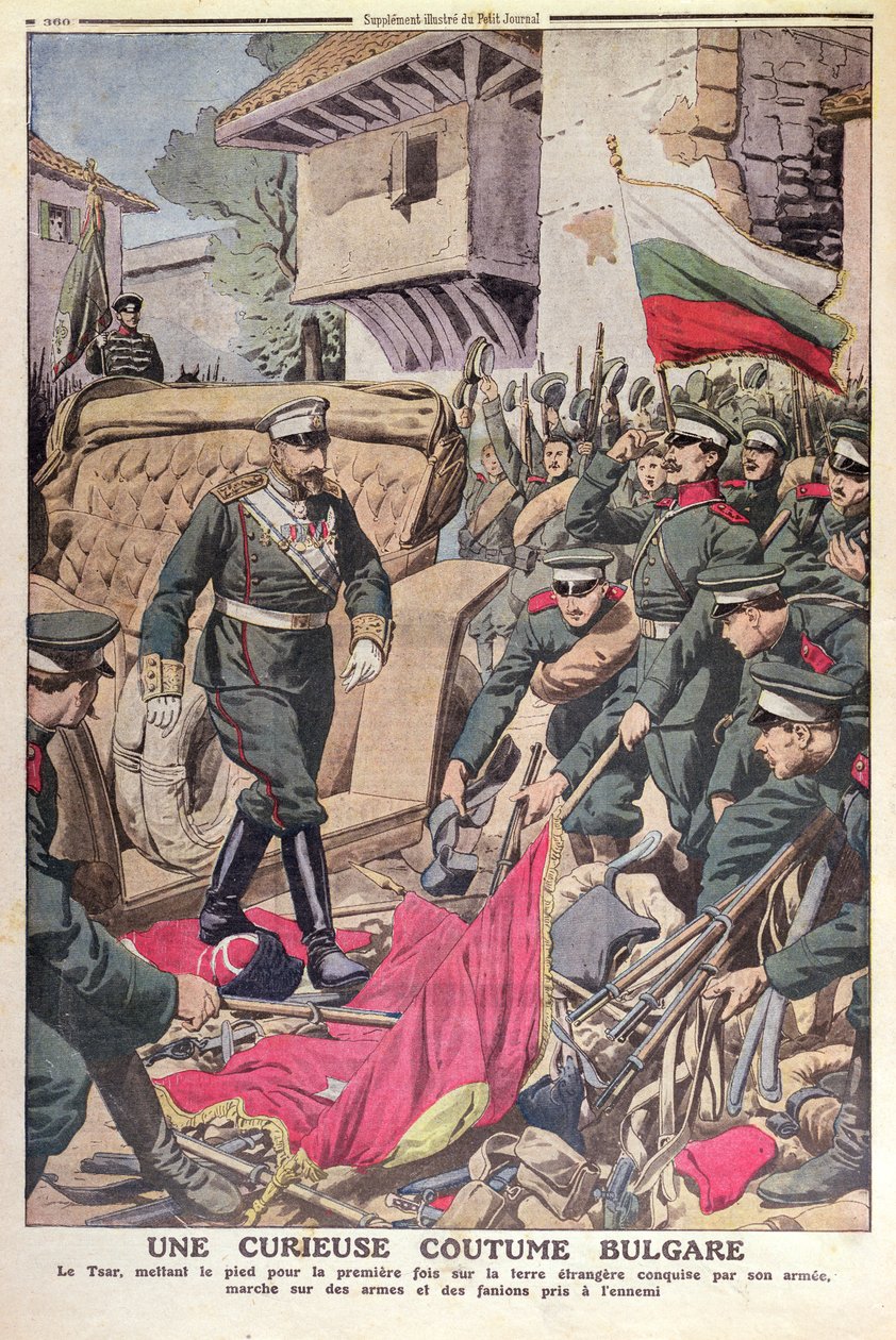 Tsar Ferdinand I (1861-1948) fra Bulgarien går over erobrede flag under Balkankrigen i 1912, november 1912 af French School