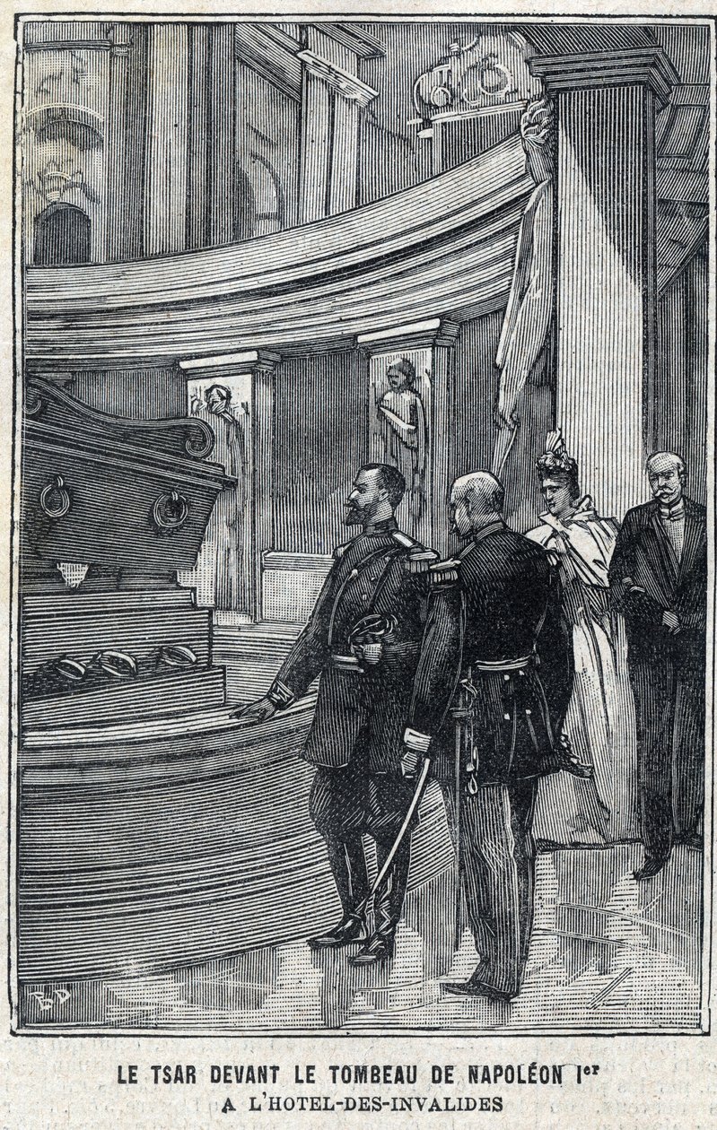 Zar Nikolaj II af Rusland (1868 -1918) og tsarina Alexandra Fiodorovna Romanova (1872-1918) foran Napoleon I Bonapartes grav på Hotel des Invalides i Paris i "Le Petit Parisien" af French School