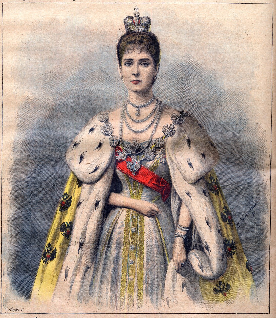 Tsarina Alexandra af Rusland i sine kroningsdragter - Tsarina Alexandra Fiodorovna i det helliges kostume. Illustration til Le Petit Journal, 24. maj 1896 (gravering) af French School