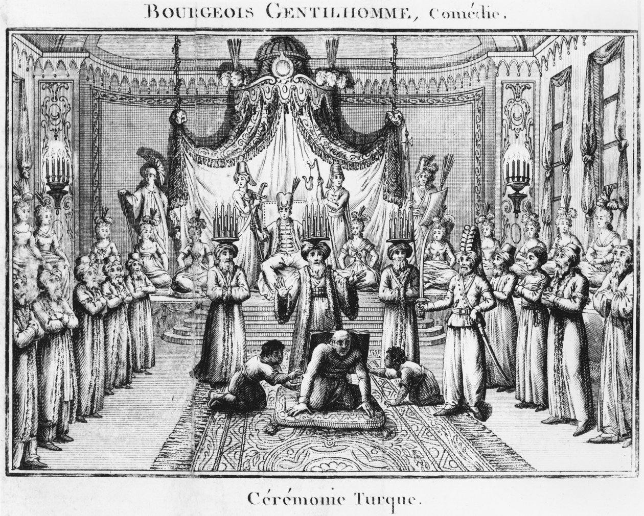 Tyrkisk ceremoni, illustration fra Le Bourgeois Gentilhomme af Moliere, udgave 1801 af French School