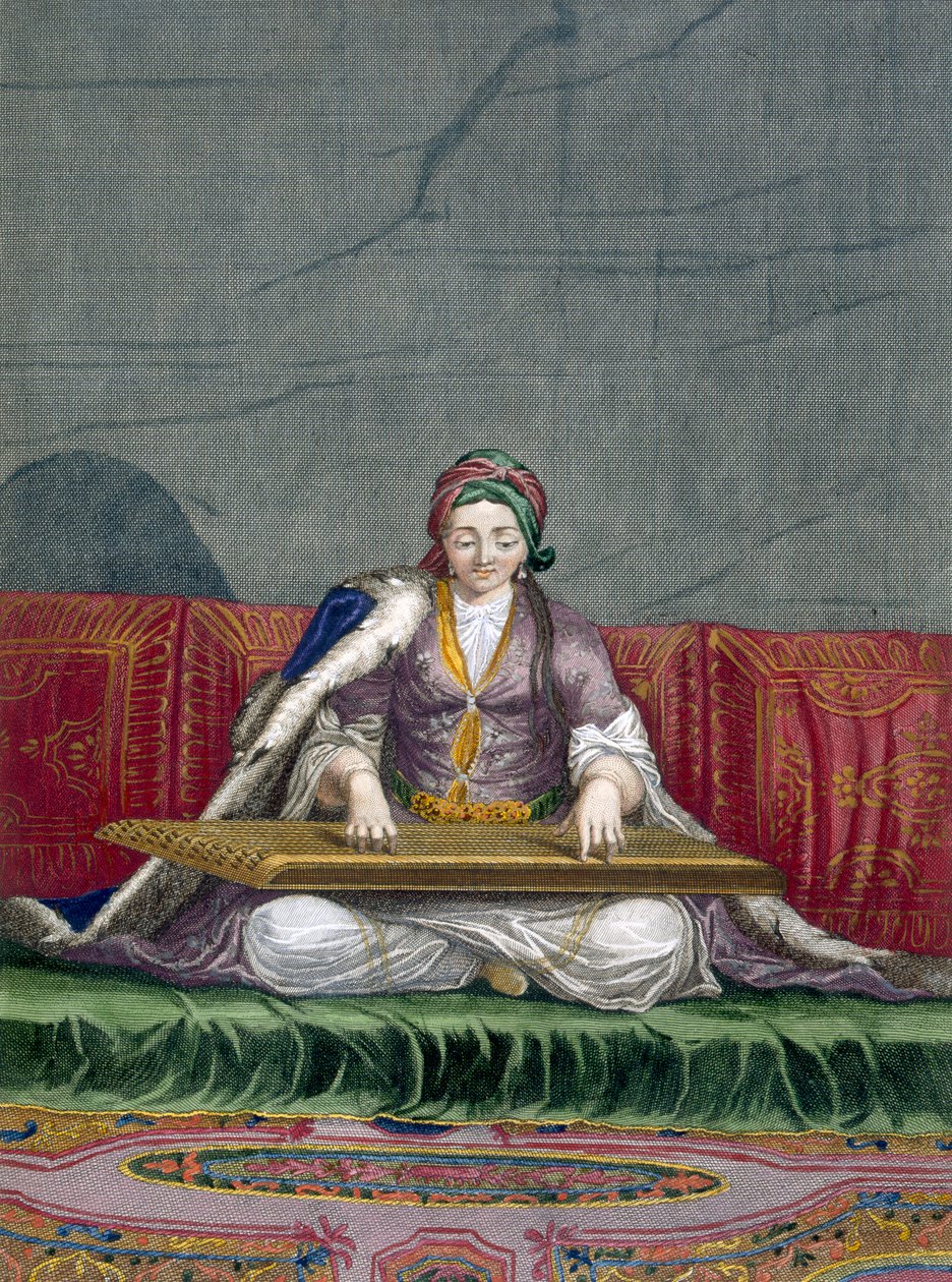Tyrkisk pige, der spiller på et klaviaturplukkeinstrument, fra Collection of One Hundred Prints Representing the Different Nations of the Levant af Charles de Ferriol, indgraveret af Gerard Scotin (1671-1716) af French School