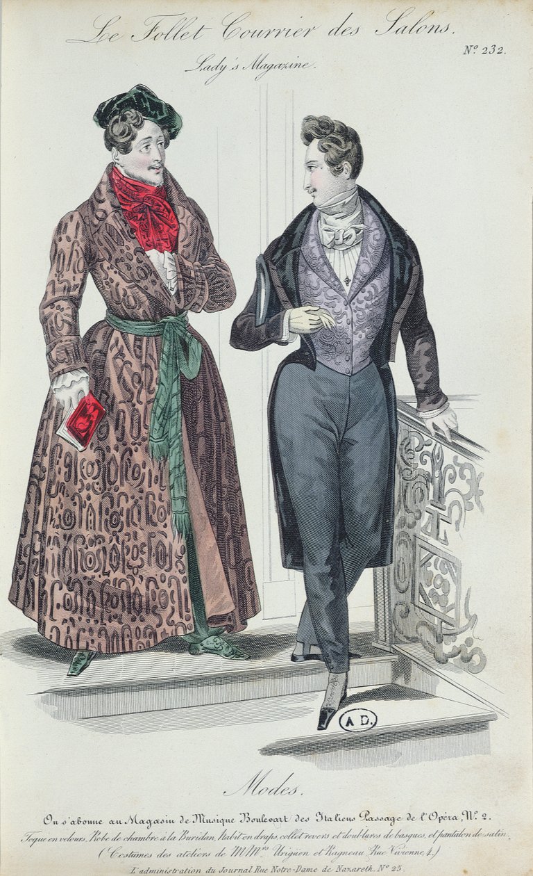 To elegante unge mænd, 1835 (farvegravering) af French School
