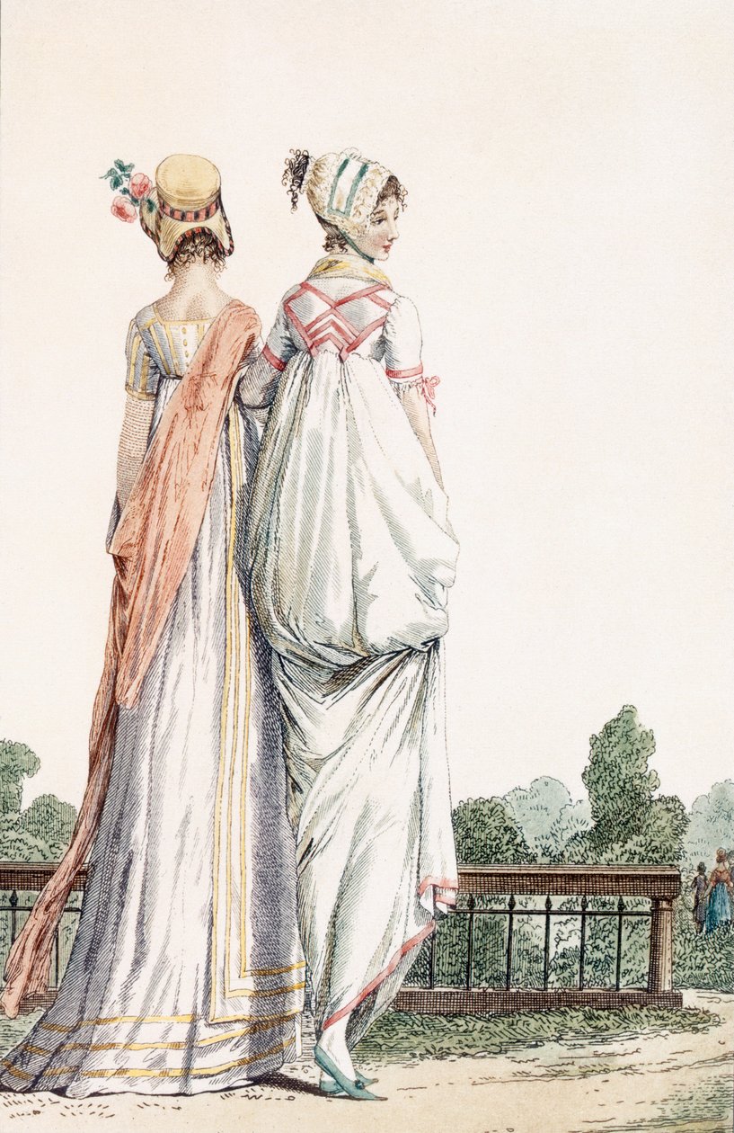 To Damer i Promenadekjoler, 1796 99:female; traditionelle kostume; traditionel kjole; mode; c18th; gå; tilbage; hvide kjoler; motorhjelm; motorhjelmer; hatte; parkere; have; af French School