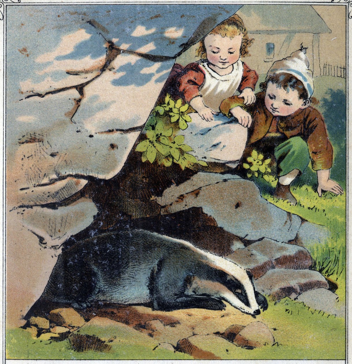 To børn observerer en grævling i sin hule. Kromolitografi fra "" Childhood Scenes"" udg. Guerin - Muller omkring 1885. af French School