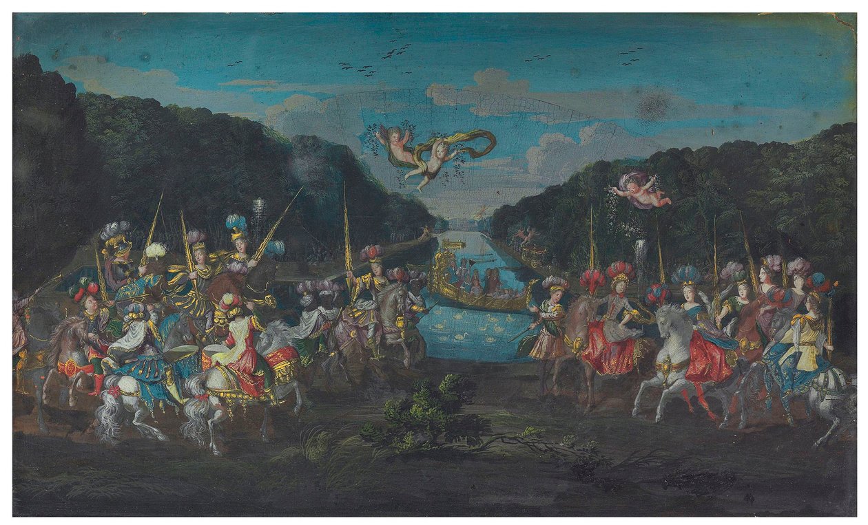 To vifteark: Den pompøse karrusel af de galante amazoner fra de fire verdensdele; og procession, der forlader et tempel ledsaget af putti, anden halvdel af det 17. århundrede (gouache på papir) af French School
