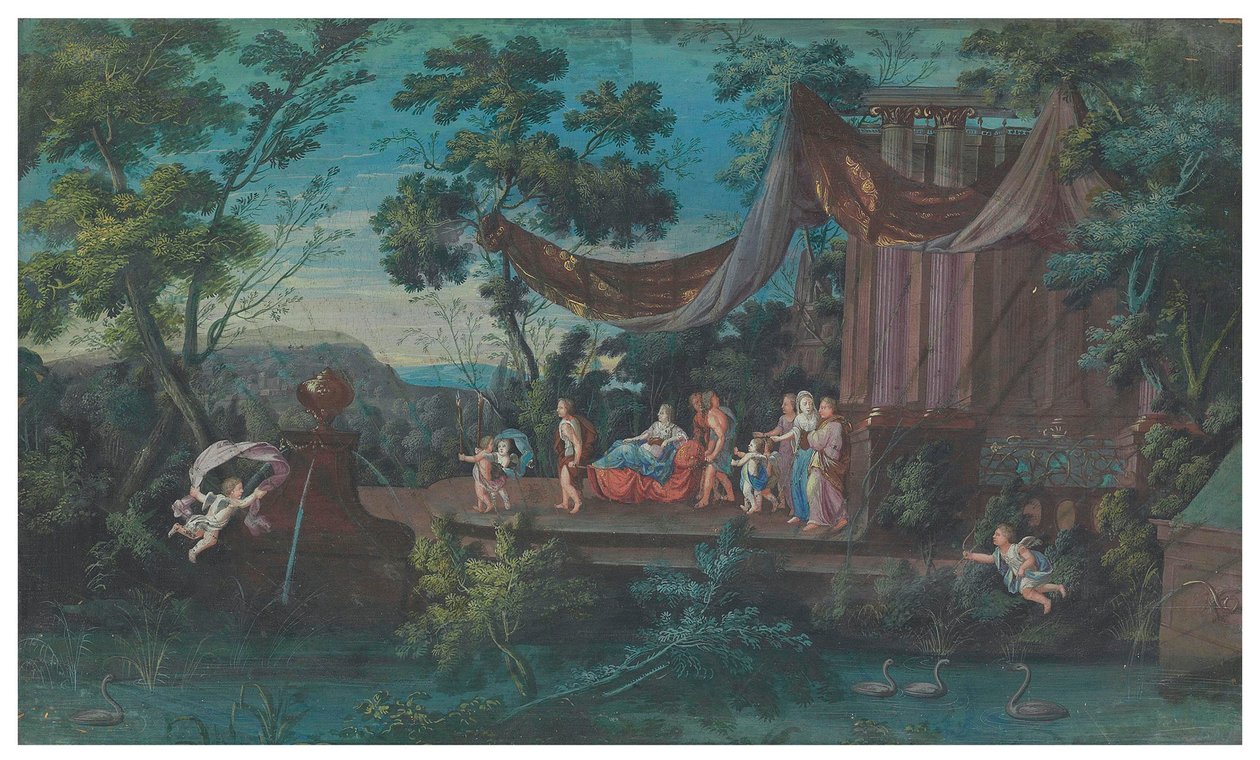 To vifteark: Den pompøse karrusel af de galante amazoner fra de fire verdensdele; og procession, der forlader et tempel ledsaget af putti, anden halvdel af det 17. århundrede (gouache på papir) af French School