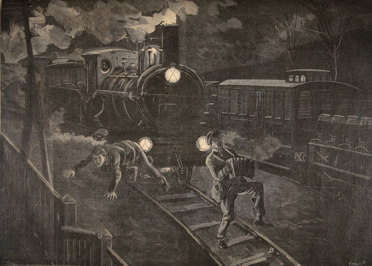 To mænd ramt af et tog illustration fra Le Petit Journal: Supplement illustre, 1898 af French School