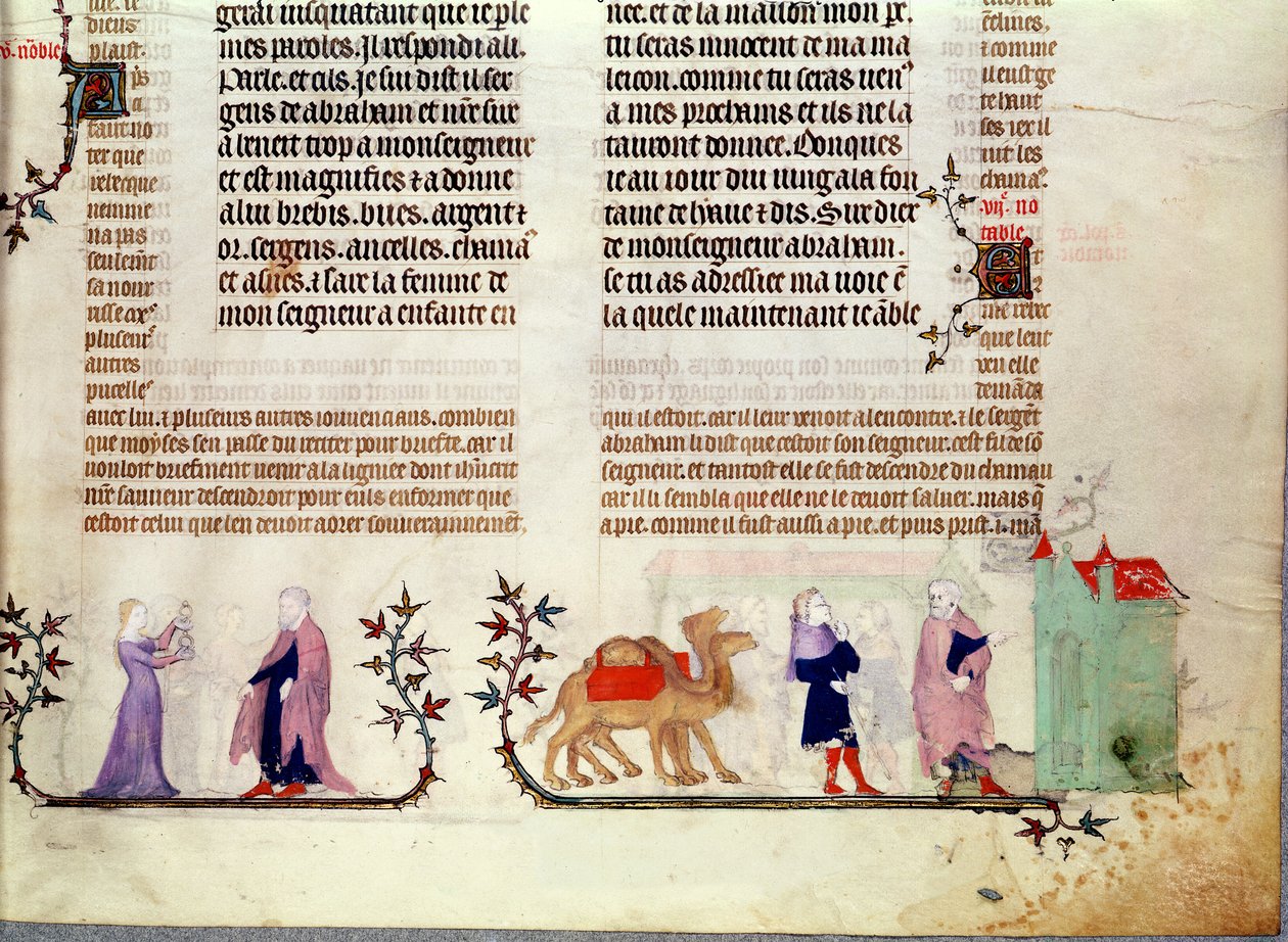 To scener fra historien om Rebecca ved brønden, fra The Bible of Jean de Sy, ca. 1355 af French School