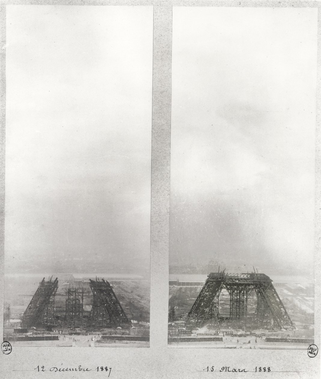 To visninger af konstruktionen af Eiffeltårnet, Paris, 12. december 1887 og 15. marts 1888 af French School