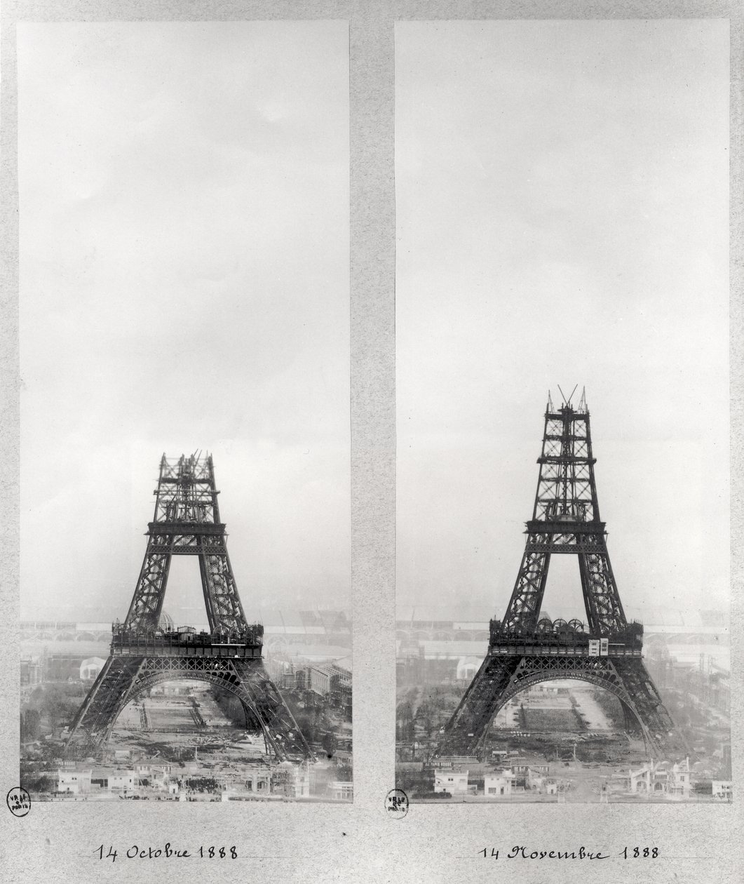To visninger af konstruktionen af Eiffeltårnet, Paris, 14. oktober og 14. november 1888 af French School