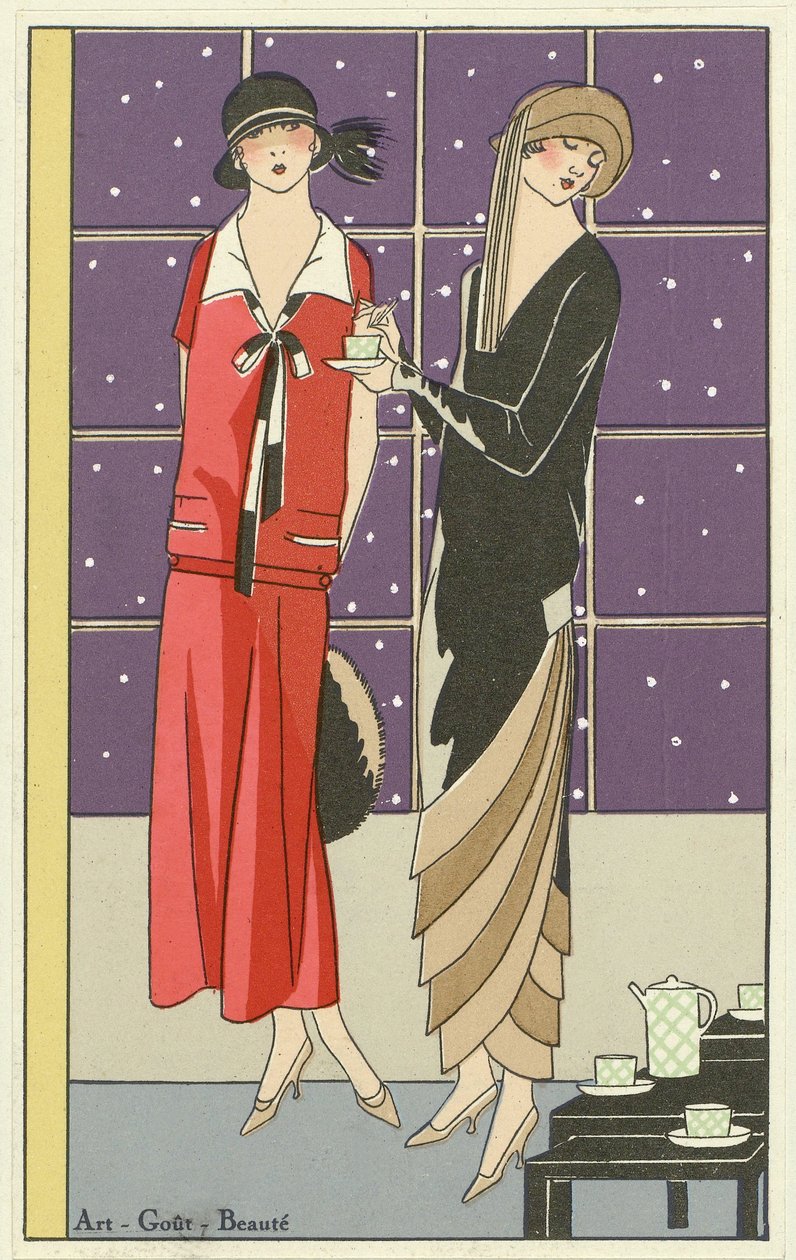 Two women having tea and dressed in designs by by Jean Patou and Beer, from Art-Goût-Beauté pub. 1924dani af French School