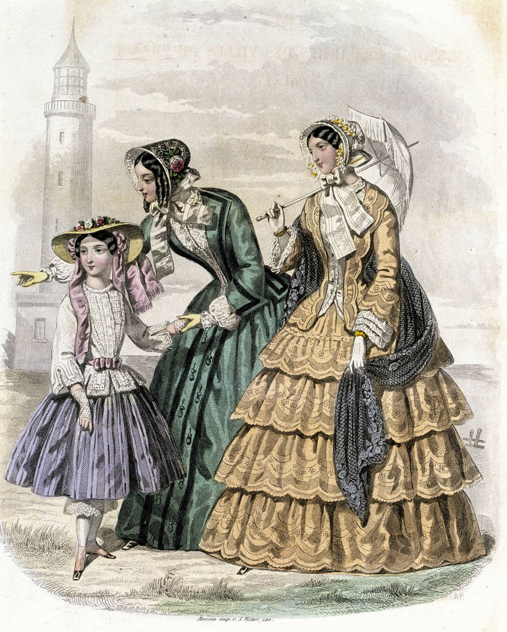 To kvinder med en pige på landet - i “Journal des Demoiselles”” 1852. af French School